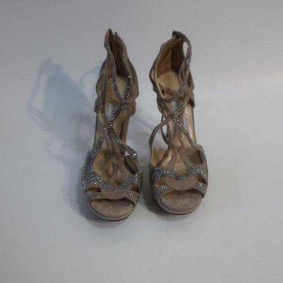 Authentic Jimmy Choo Taupe Bedazzled Suede Ankle Strap Zip Heels 38.5 US/8.5 - Picture 5 of 16